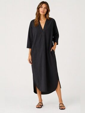 Xirena Black Cotton Caftan Midi Dress Popover Pockets Size M